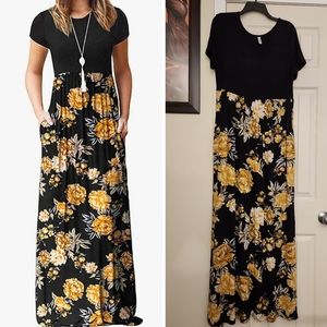 Dearcase Short Sleeve Pocketed Yellow/Black Floral Maxi Dress